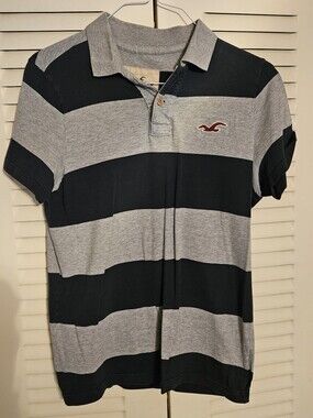 Hollister Men’s Gray & Black Wide-Stripe Polo with Red Logo